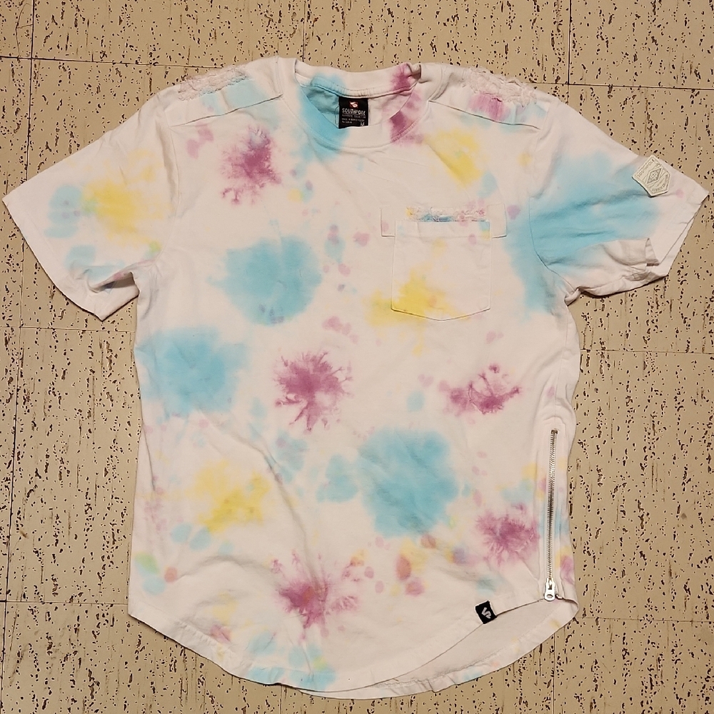 South Pole White Distressed Custom Tie Dye T Shirt With Side Zippers Vintage Y2K